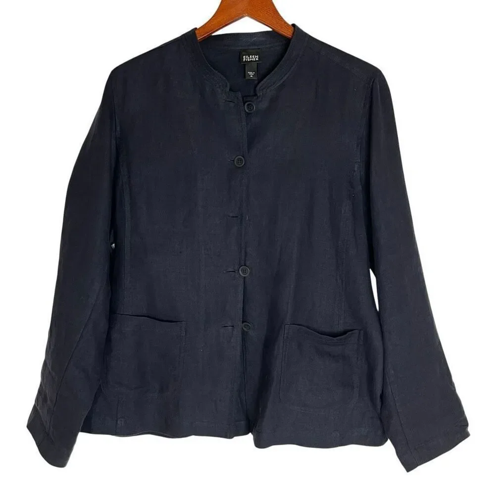 Eileen Fisher Womens Linen Mandarin Collar Button Front Coat Navy Blue Medium - Picture 11 of 15